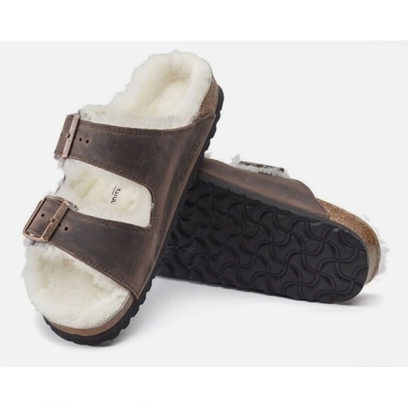 Birkenstock Shoes - Birkenstock Brown Arizona suede shearling slides sandal